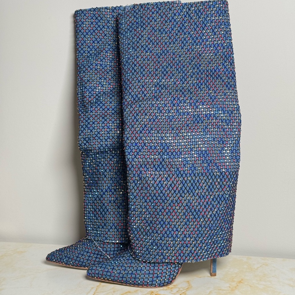 Sparkling Blue Denim Knee-High Boots with colorful studs